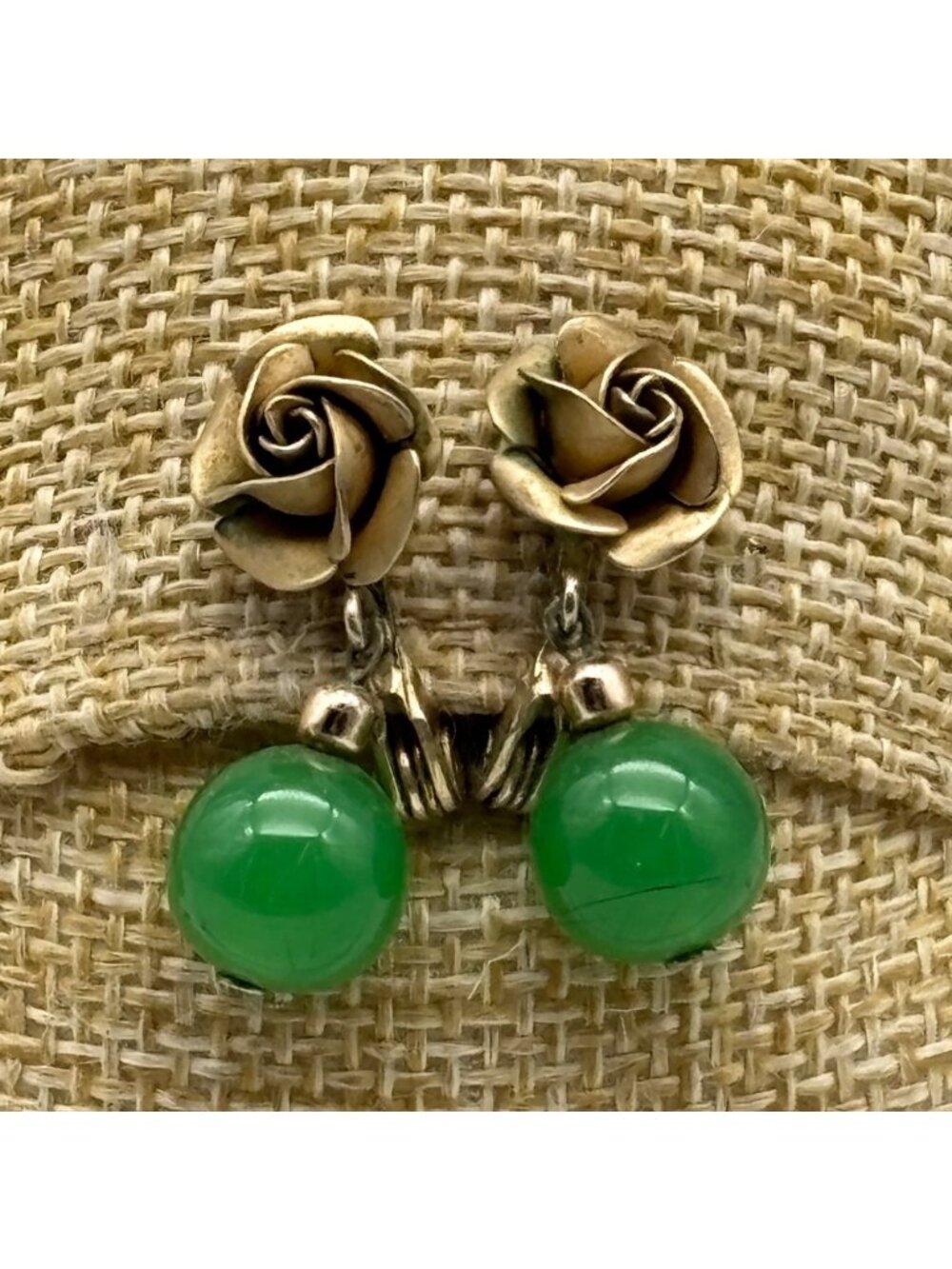 Vtg Lewis Segal California Gold Tone Rose Dangle Earrings Green Drop Bead Signed